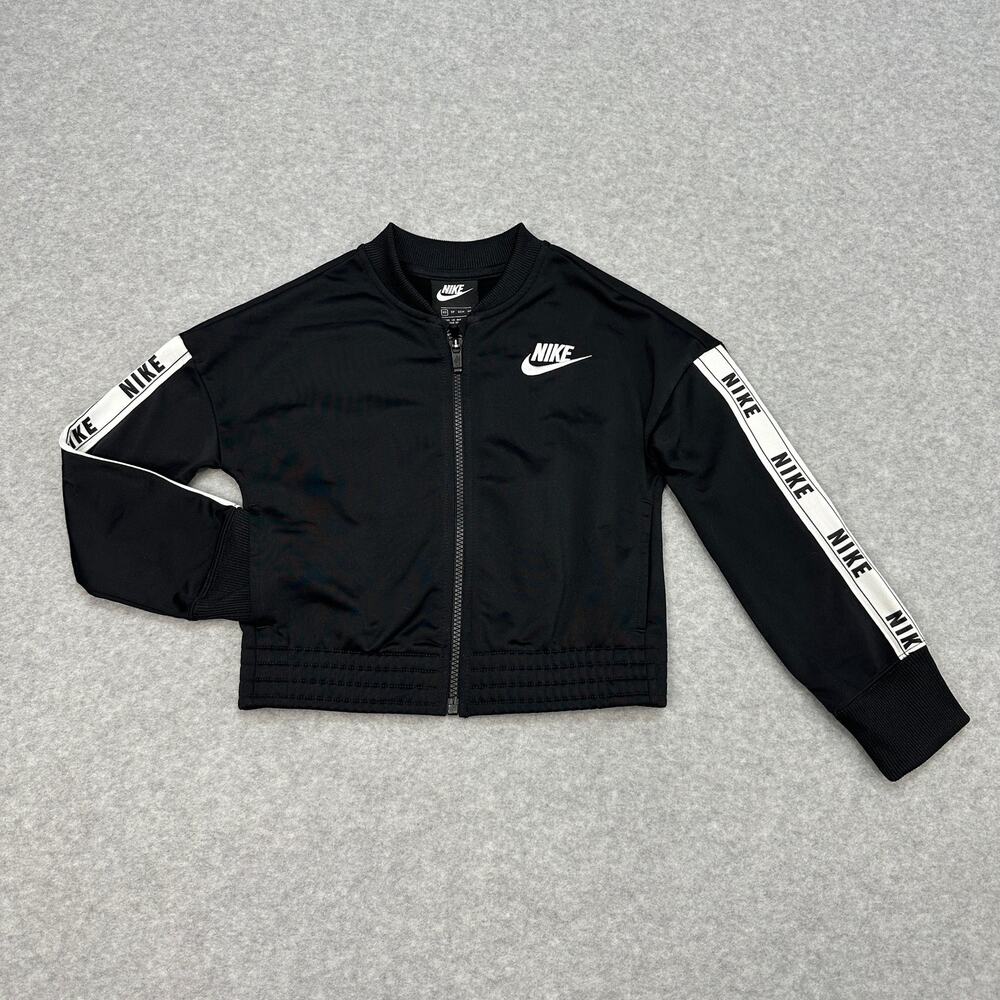 NIKE Tricot Track Jacket Girls XS Black White Spellout Logo Full Zip Long Sleeve